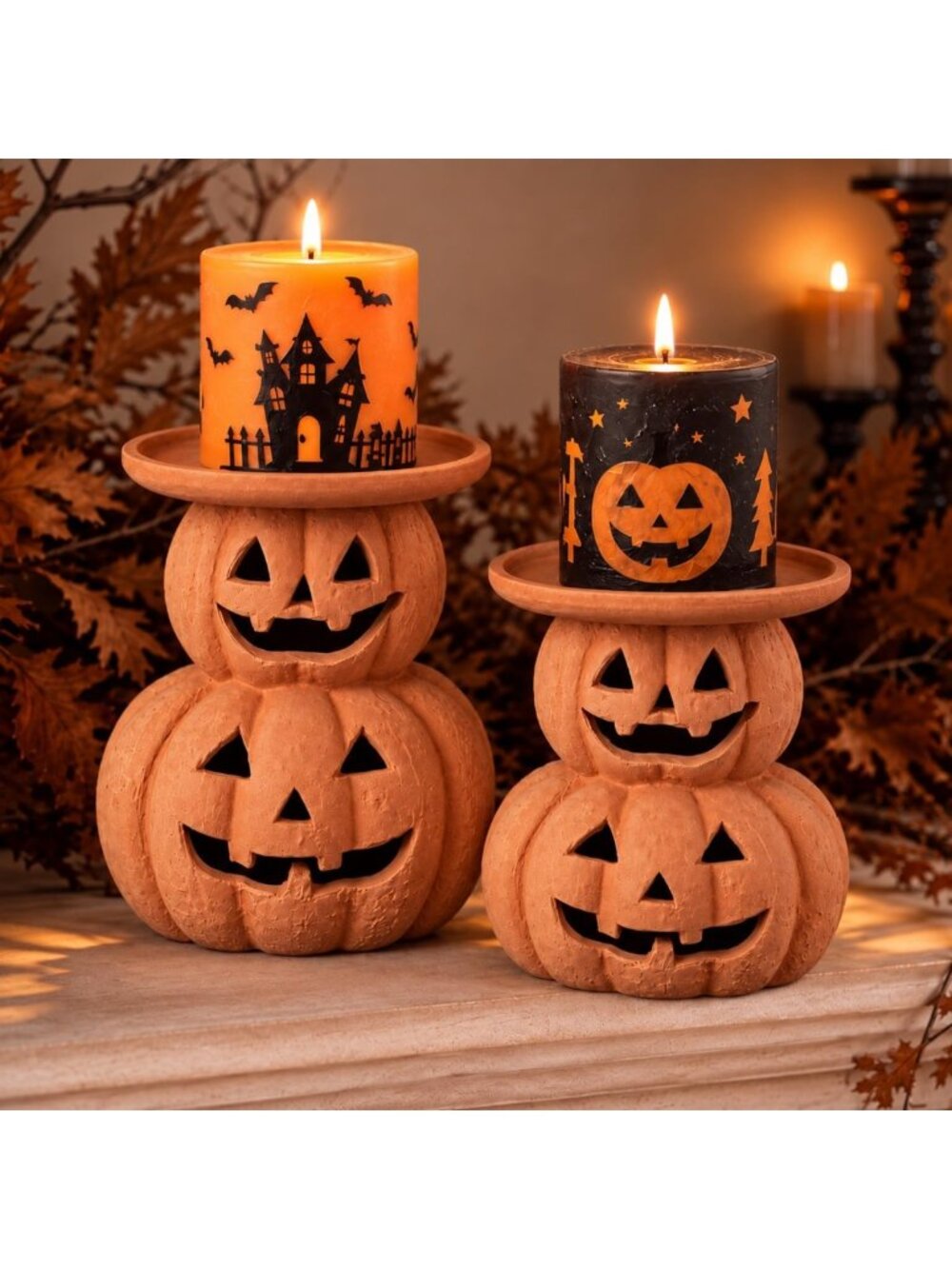 Set of 2 Halloween Pumpkin Candle Holders | Terracotta Jack O'Lantern Decor
